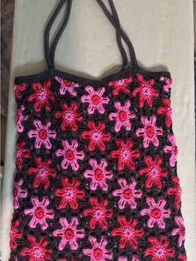 Crochet Floral Tote Bag - Pink & Red